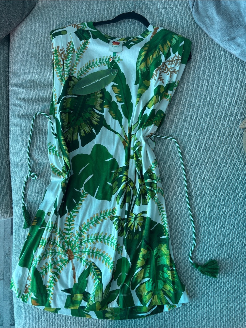 New FARM Rio Green Tropical Leaf Dress with Braided Tie
